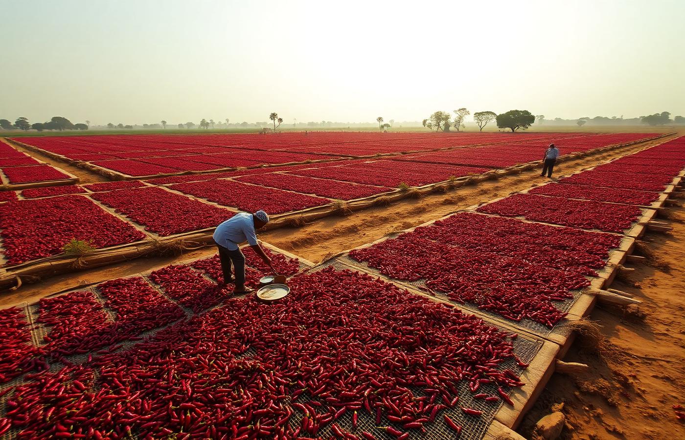 Red chillies drying in the sun on a Guntur farm in Andhra Pradesh