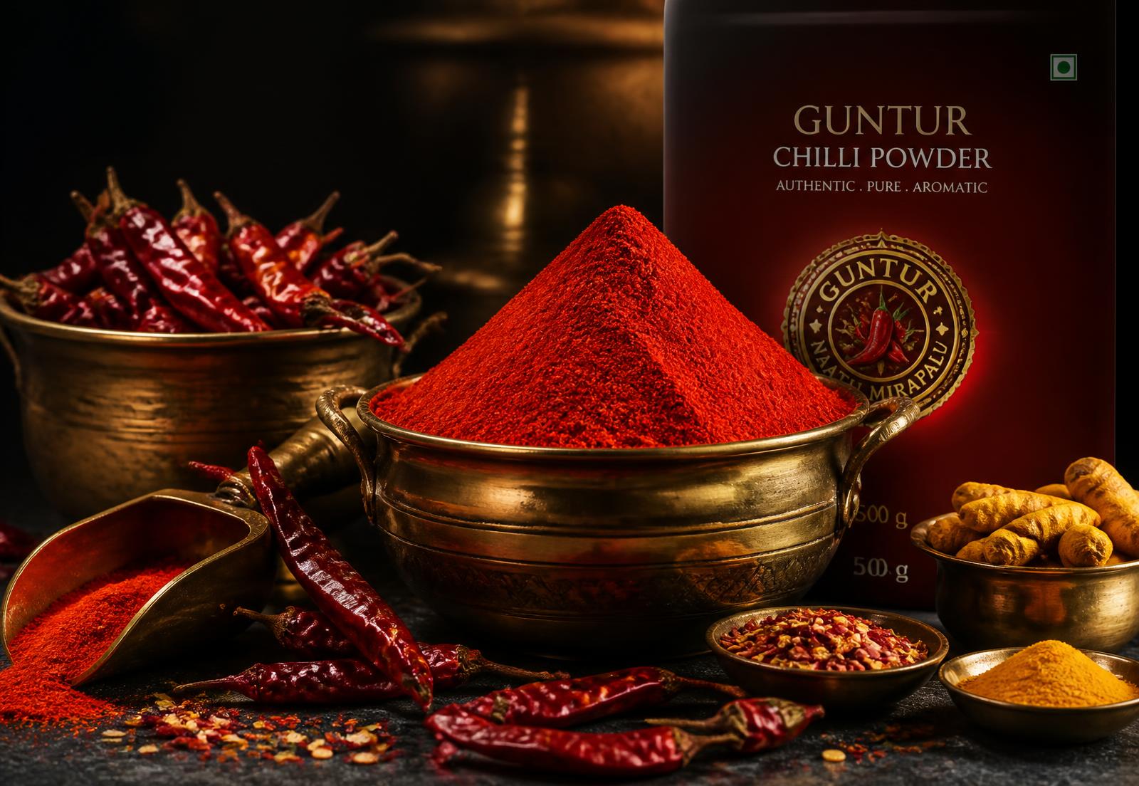 Guntur red chilli powder and whole chillies in brass bowls